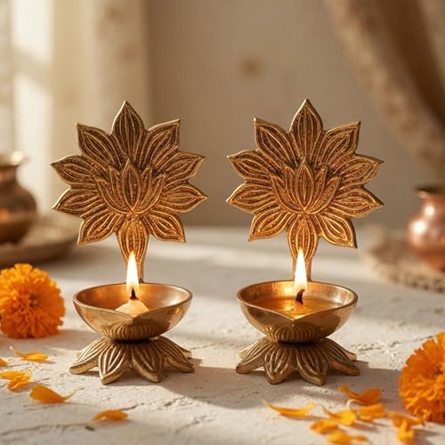 Behoma 100% Pure Brass Lotus Diya Set of 2 for Puja | Traditional Handcrafted Brass Oil Lamp Diya for Home, Temple, Office, Pooja Room Decoration, Festive Rituals & Housewarming Gift Item - Image 3