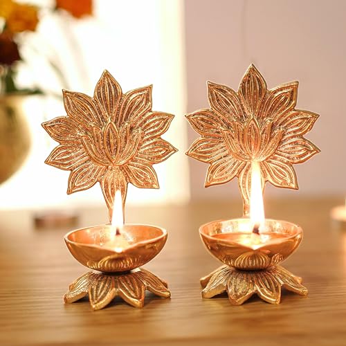 Behoma 100% Pure Brass Lotus Diya Set of 2 for Puja | Traditional Handcrafted Brass Oil Lamp Diya for Home, Temple, Office, Pooja Room Decoration, Festive Rituals & Housewarming Gift Item - Image 2