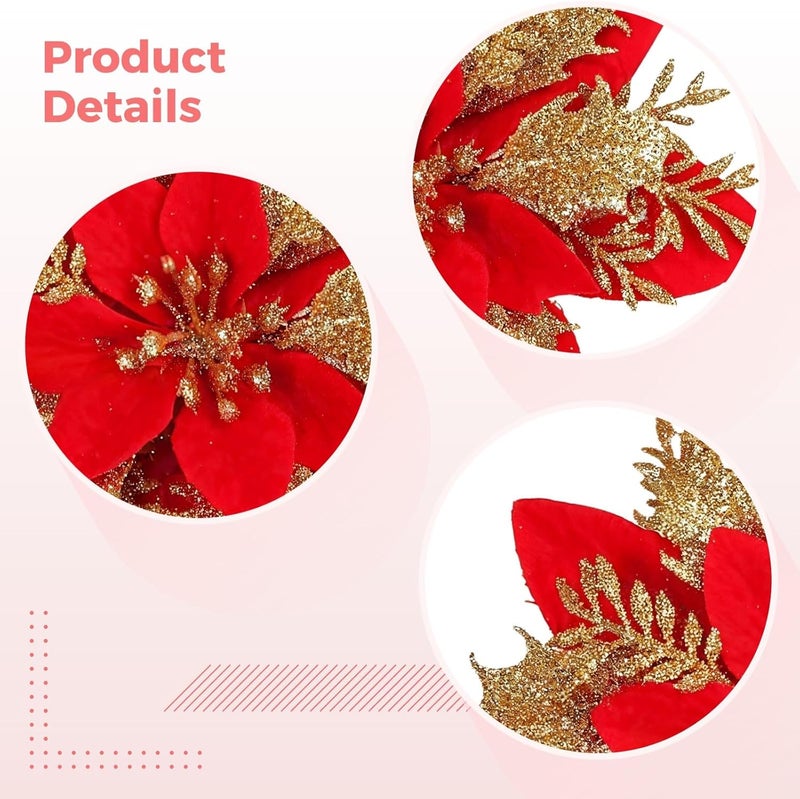 Large Glitter Poinsettia Set – 30 Artificial Red Flowers With Gold Trim, 5.5 Inch Christmas Tree Accessories With Clips & Stems For Wreaths & Garland - Image 2
