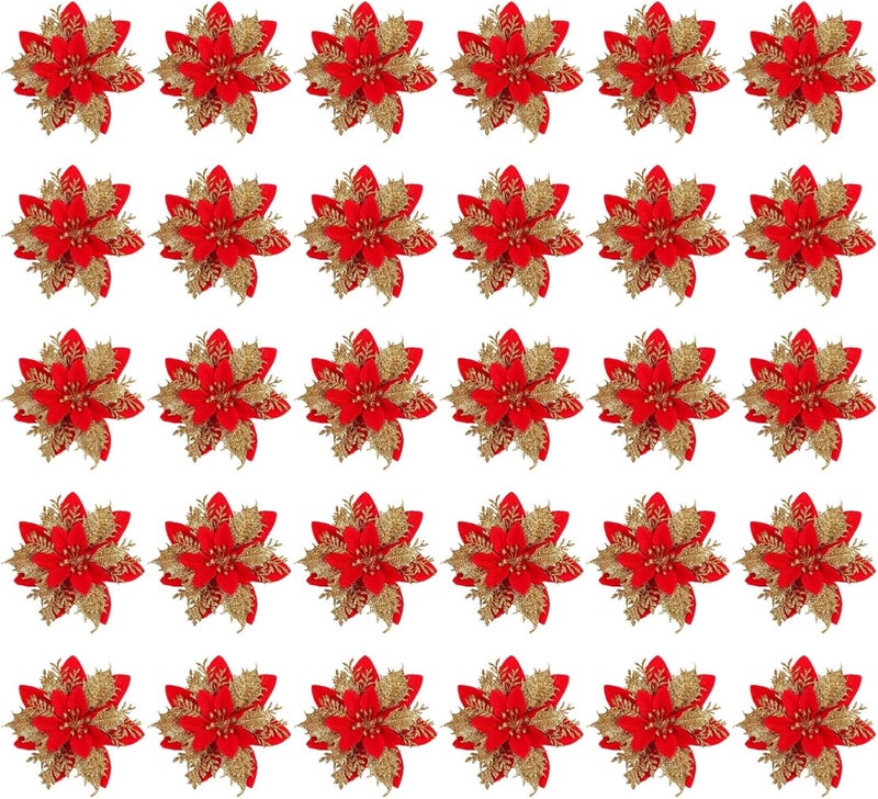 Large Glitter Poinsettia Set – 30 Artificial Red Flowers With Gold Trim, 5.5 Inch Christmas Tree Accessories With Clips & Stems For Wreaths & Garland - Image 1