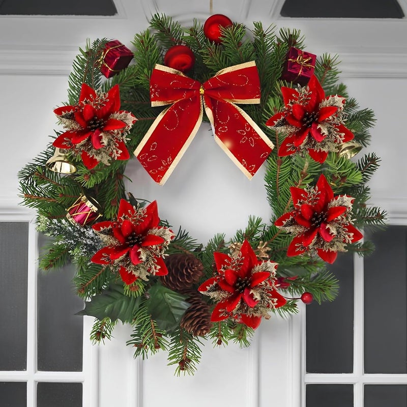 Large Glitter Poinsettia Set – 30 Artificial Red Flowers With Gold Trim, 5.5 Inch Christmas Tree Accessories With Clips & Stems For Wreaths & Garland - Image 3