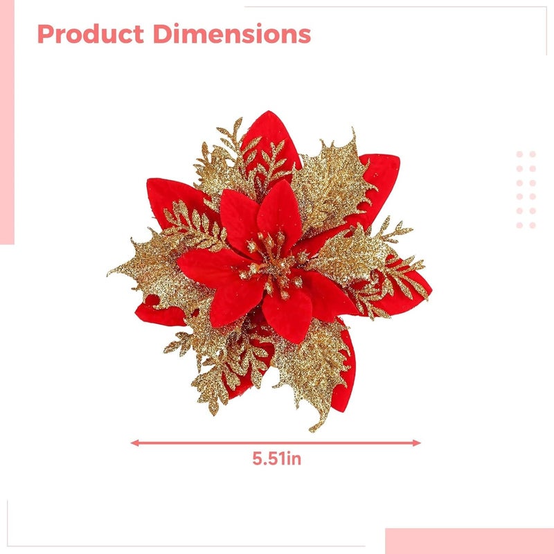 Large Glitter Poinsettia Set – 30 Artificial Red Flowers With Gold Trim, 5.5 Inch Christmas Tree Accessories With Clips & Stems For Wreaths & Garland - Image 4