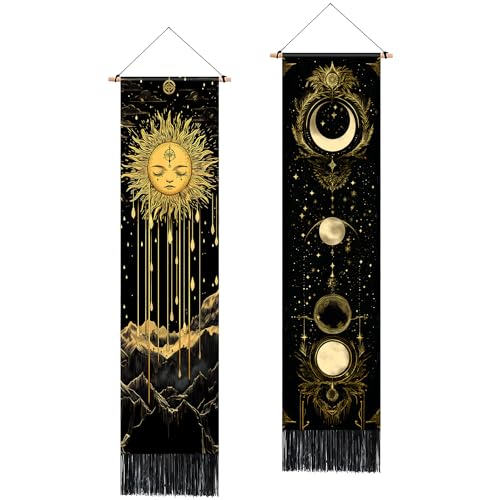 AOHMPT Pack of 2 Long Vertical Tapestry,Nature Landscape Tapestry with Serene Mountain River, Moon & Sun Motifs,Traditional Ink Painting Wall Art,Zen Aesthetic Wall Hanging for Living Room Bedroom Decor 13" W x 51" H" - Image 1