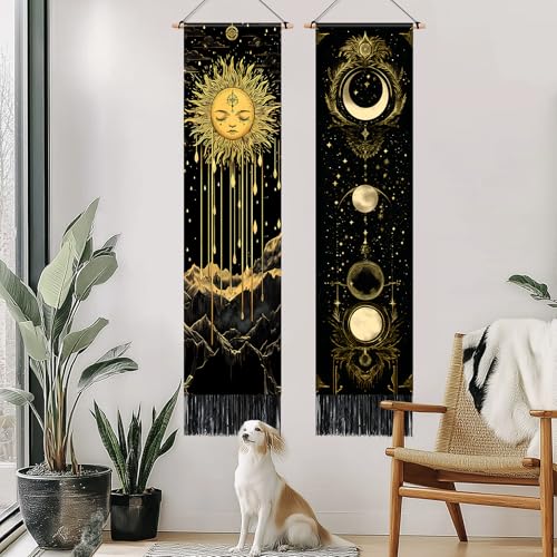 AOHMPT Pack of 2 Long Vertical Tapestry,Nature Landscape Tapestry with Serene Mountain River, Moon & Sun Motifs,Traditional Ink Painting Wall Art,Zen Aesthetic Wall Hanging for Living Room Bedroom Decor 13" W x 51" H" - Image 2