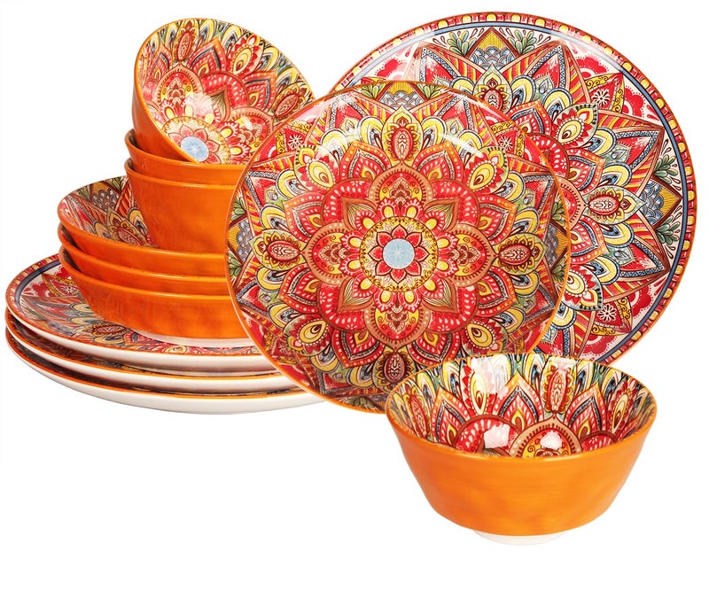 YA JU Mandala Dinnerware Sets (12 Pcs) Serves 4, Buffet Dinnerware, Boho Plates and Bowls Dish Set with 8" salad Plate 10" dinner Plate 4.8" bowl, apply Casual dining Indoor Outdoor Dining Part - Image 1