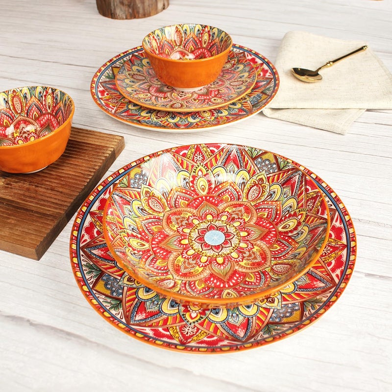 YA JU Mandala Dinnerware Sets (12 Pcs) Serves 4, Buffet Dinnerware, Boho Plates and Bowls Dish Set with 8" salad Plate 10" dinner Plate 4.8" bowl, apply Casual dining Indoor Outdoor Dining Part - Image 5