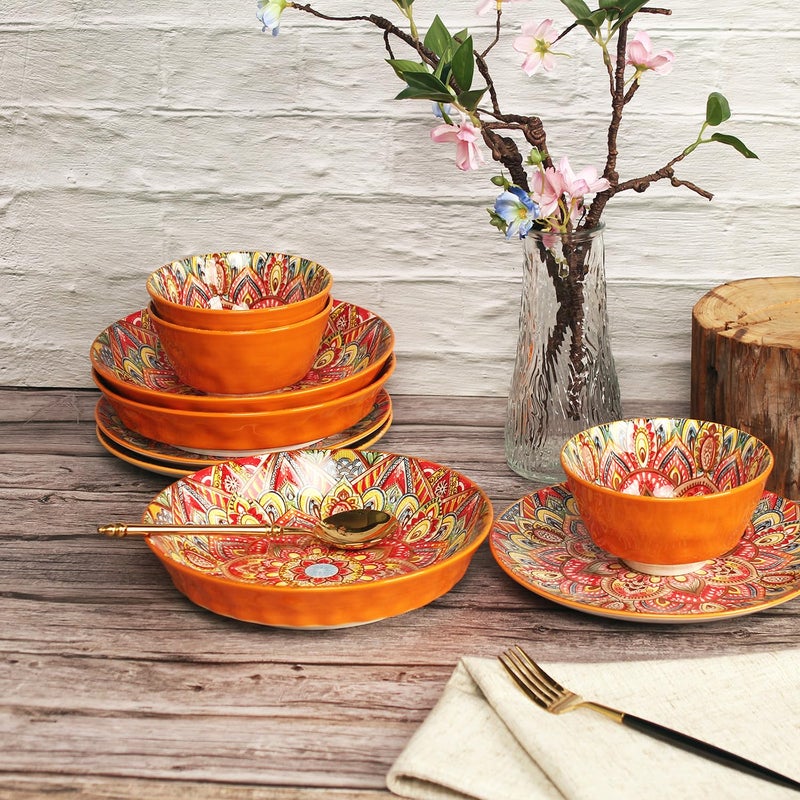 YA JU Mandala Dinnerware Sets (12 Pcs) Serves 4, Buffet Dinnerware, Boho Plates and Bowls Dish Set with 8" salad Plate 10" dinner Plate 4.8" bowl, apply Casual dining Indoor Outdoor Dining Part - Image 3