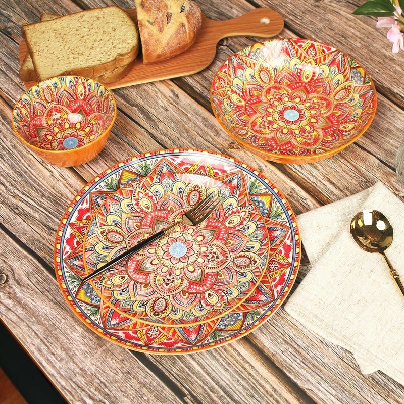 YA JU Mandala Dinnerware Sets (12 Pcs) Serves 4, Buffet Dinnerware, Boho Plates and Bowls Dish Set with 8" salad Plate 10" dinner Plate 4.8" bowl, apply Casual dining Indoor Outdoor Dining Part - Image 4