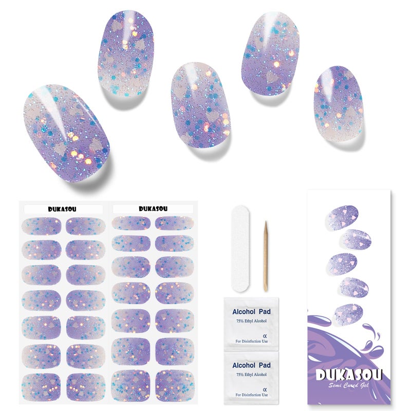 DUKASOU Semi Cured Gel Nail Strips 28pcs Gradient Love Gel Nail Strips Work with Any UV Light Gel Nail Stickers Full Nail Wraps for Women Girls Kids DIY Gift Include Prep Pads Nail FileWood Stick