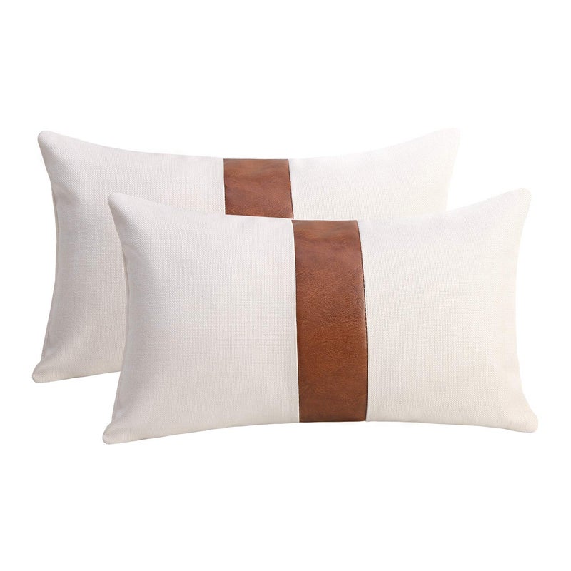 Cygnus Set of 2 White Linen Patchwork Faux Leather Throw Lumbar Pillow Covers for Couch Living Room BedroomModern Accent Decor Lumbar Covers 12X20 inch Brown and White