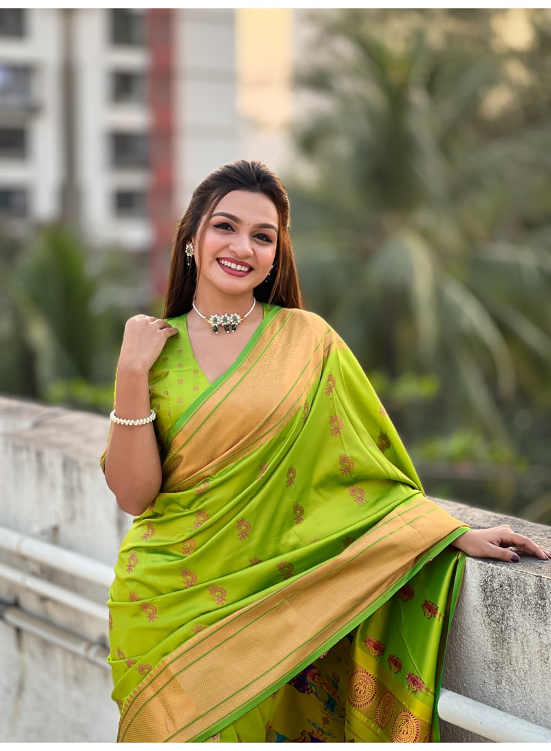 ورلدوين ساري Nath Pista Paithani الحريري الناعم الرائج مع نسيج Meenakari وبلوزة مطرزة - Image 4