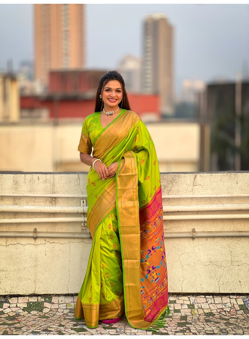 ورلدوين ساري Nath Pista Paithani الحريري الناعم الرائج مع نسيج Meenakari وبلوزة مطرزة - Image 1