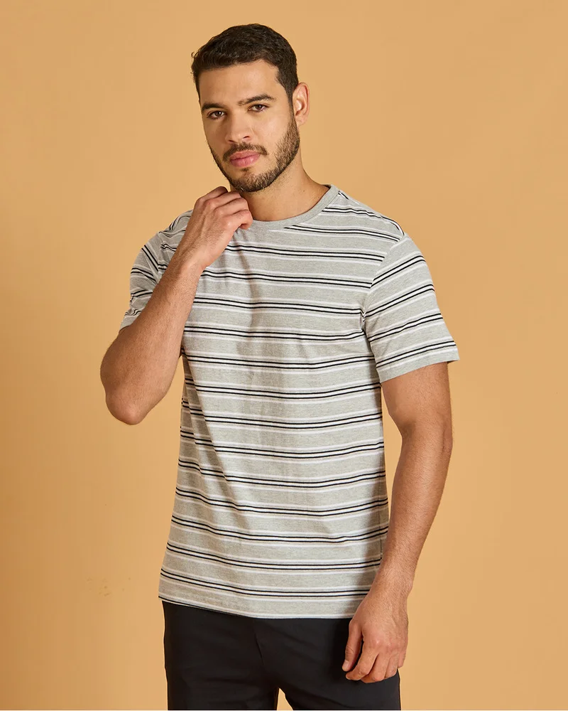 REDTAG Men Grey Stripe Pyjama Set