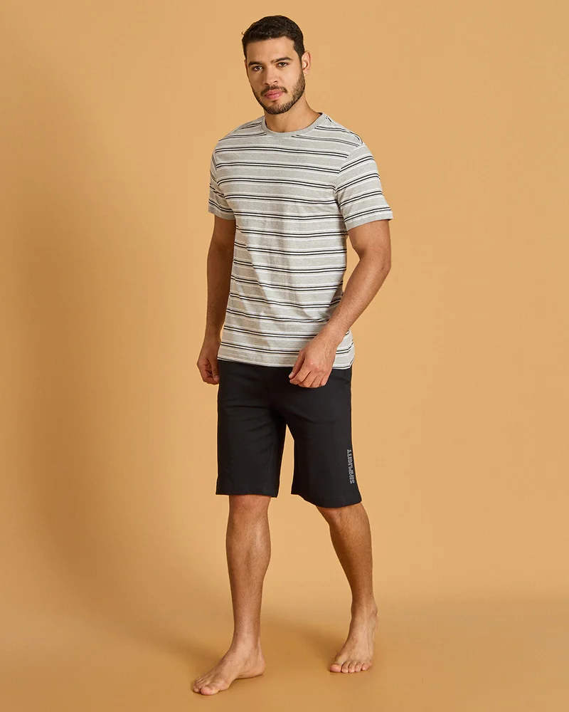 REDTAG Men Grey Stripe Pyjama Set