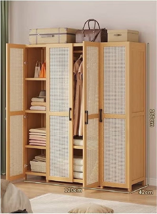 keke Natural Rattan 4 Door Wooden Wardrobe Freestanding Storage Cabinet with Shelves & Hanging Space Size 160cm 120cm 42cm - Image 2