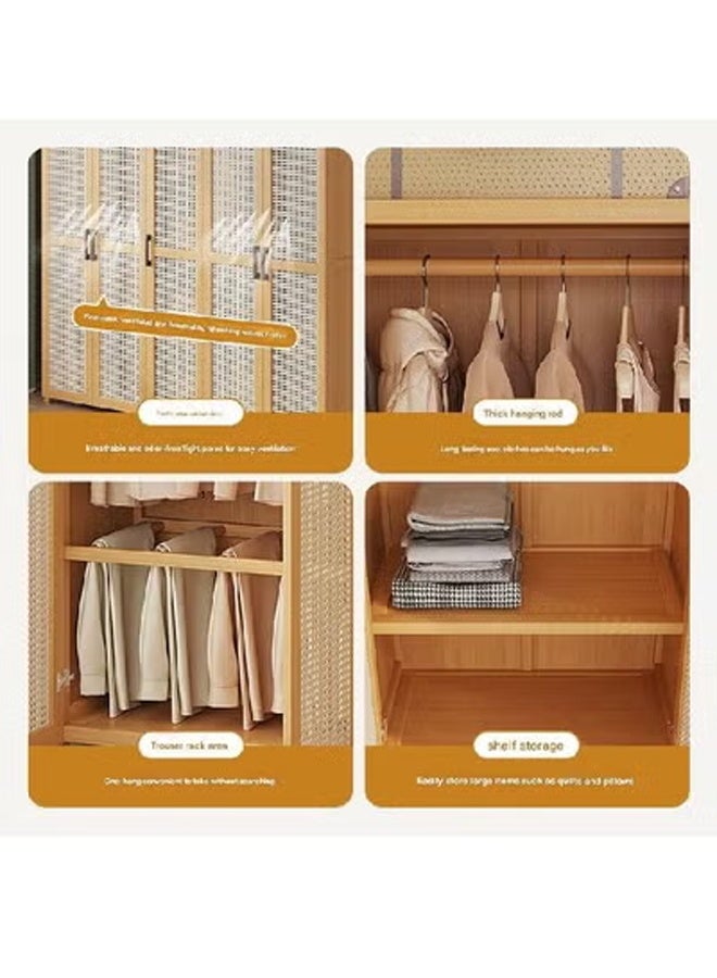 keke Natural Rattan 4 Door Wooden Wardrobe Freestanding Storage Cabinet with Shelves & Hanging Space Size 160cm 120cm 42cm - Image 3