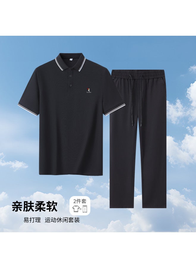 Tucano men's Summer Short-sleeve Polo Shirt With Elastic Waist Casual Pants Set - Image 2
