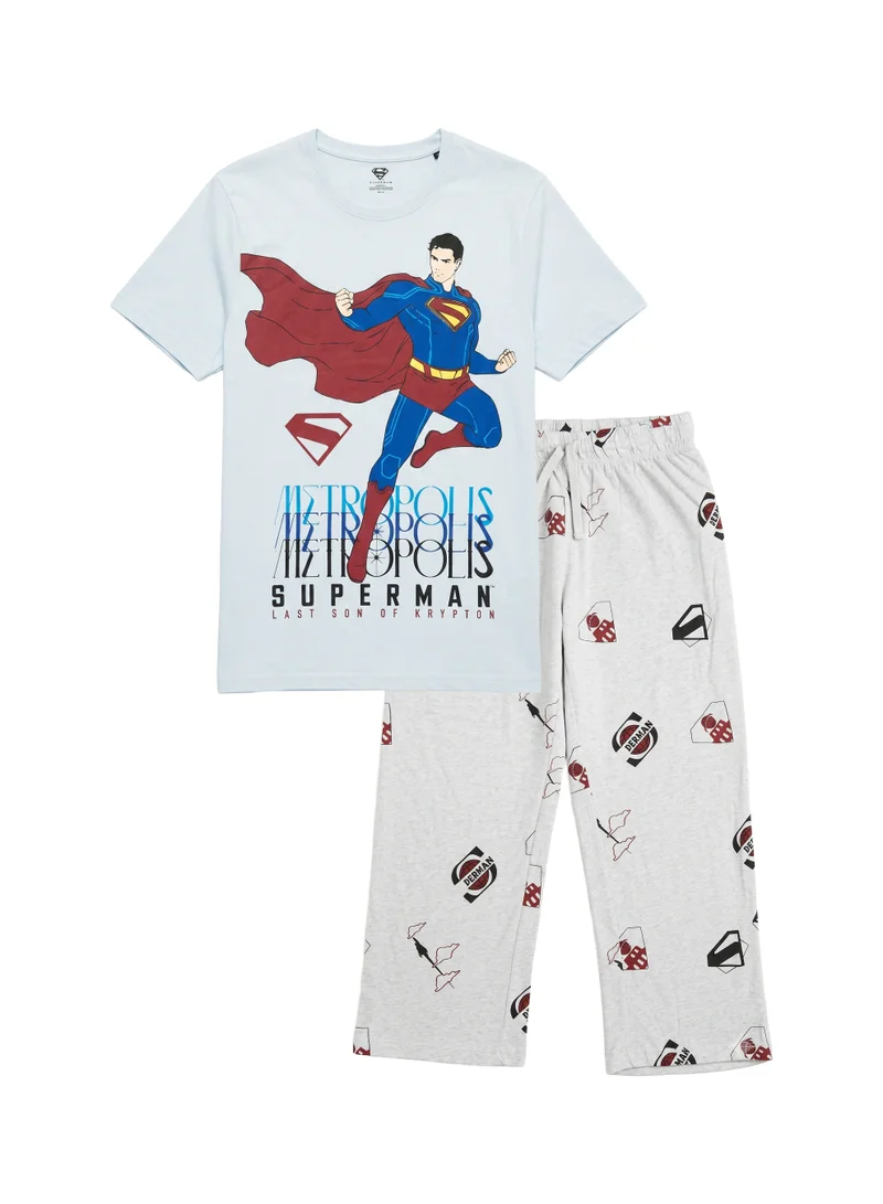 Warner Bros. Warner Bros. Superman Men's Pyjama Set | Official Superman T-Shirt & Lounge Pants Sleepwear Set | Comfortable Cotton Nightwear for Men | Superhero Loungewear & Pajama Set