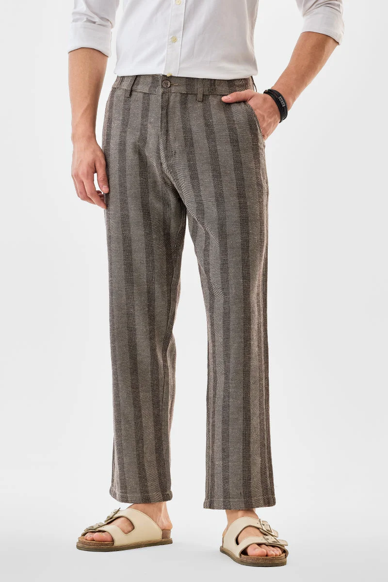 سنيتش Brown Striped Regular Fit Casual Trousers
