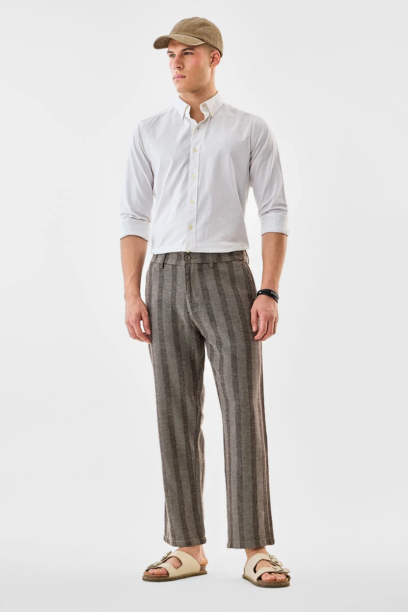 سنيتش Brown Striped Regular Fit Casual Trousers