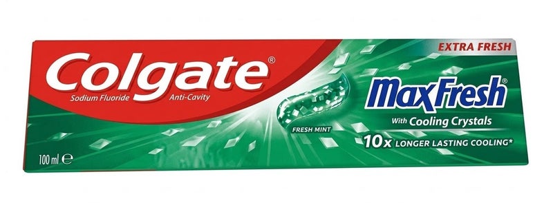Colgate Max Fresh with Cooling Crystals (Clean Mint)  This chewable capsule provides long-lasting, soothing relief against cavities.  Key Features: Nature's Freshness: Contains cooling crystals that activate while brushing. It's extra long-lasting and provides up to 10 times the cooling effect of regular toothpaste.  Cavity Protection: Contains fluoride nitrogen oxide (1450 ppm) to help strengthen enamel and protect against cavities.  Effective: Helps remove surface stains to whiten teeth completely.  Beneficial Type: Features a fresh, clean (clean mint) flavor.  Size: Available in a 100ml size as pictured.