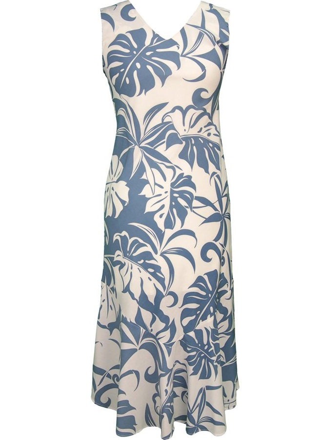 Women's Beachside Breeze Tea Length Sleeveless Hawaiian Dress Blue Q1X Plus