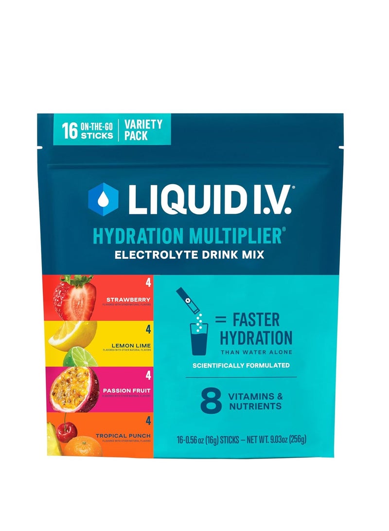Liquid I.V. عبوة متنوعة من مضاعف الترطيب بنكهة الليمون واللايم، فاكهة العاطفة، الفراولة، وشراب استوائي مسحوق مشروب الإلكتروليت 1 عبوة (16 حصة) - Image 1