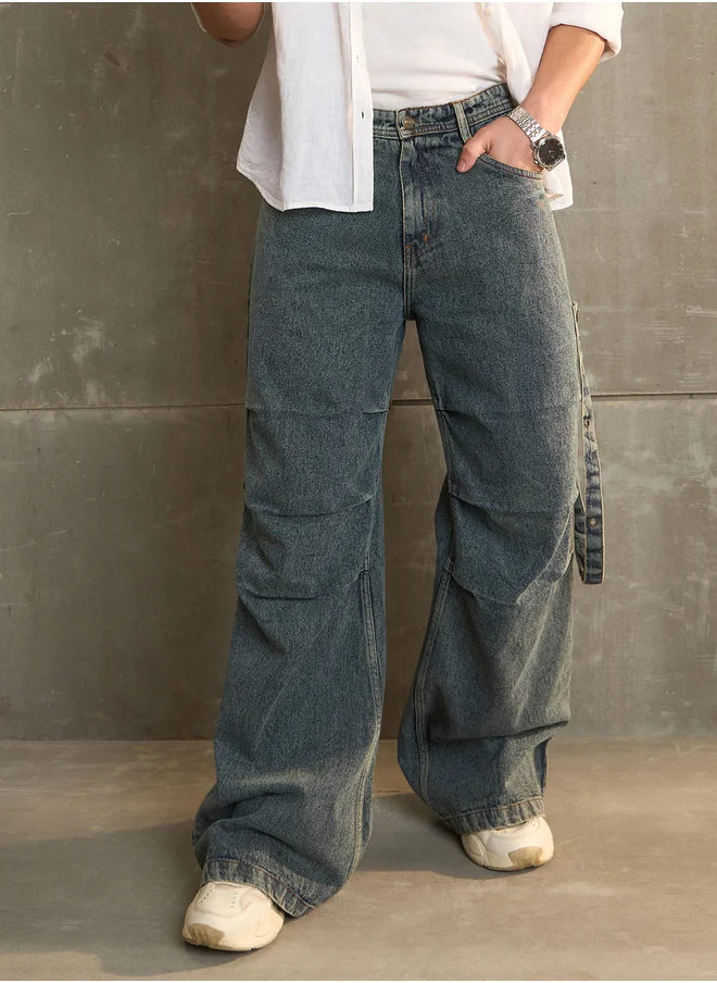 SASSAFRAS Washed Knee Pleated Wide Leg Jeans