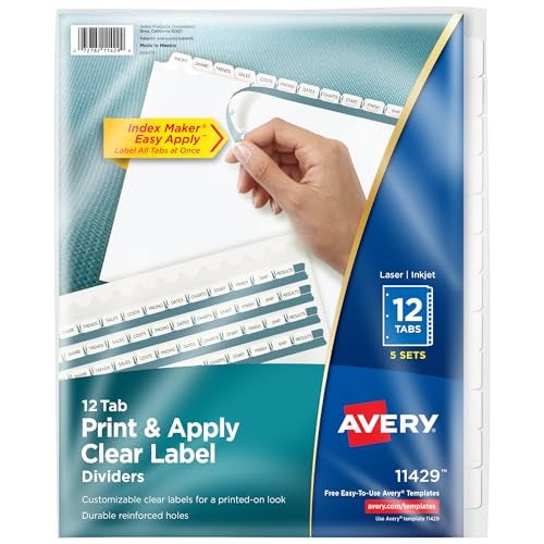Avery 12-Tab Binder Dividers, Easy Print & Apply Clear Label Strip, Index Maker, White Tabs, 5 Sets (11429) - Image 1