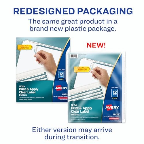Avery 12-Tab Binder Dividers, Easy Print & Apply Clear Label Strip, Index Maker, White Tabs, 5 Sets (11429) - Image 2