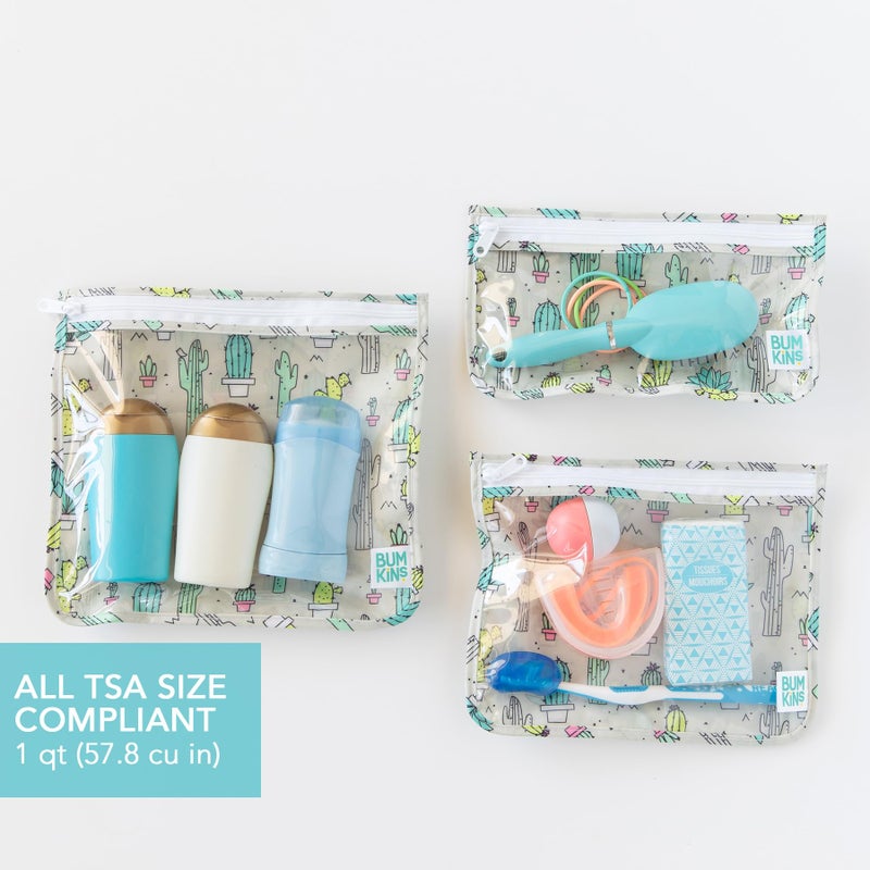 Bumkins Travel Bag, Toiletry, TSA Approved Pouch, Zip Bag, Quart Size Airline Compliant, Clear-Sided, Baby, Diaper Bag Organization, Makeup, Accessories, Packing, Set of 3 Sizes, Cactus Green - Image 3