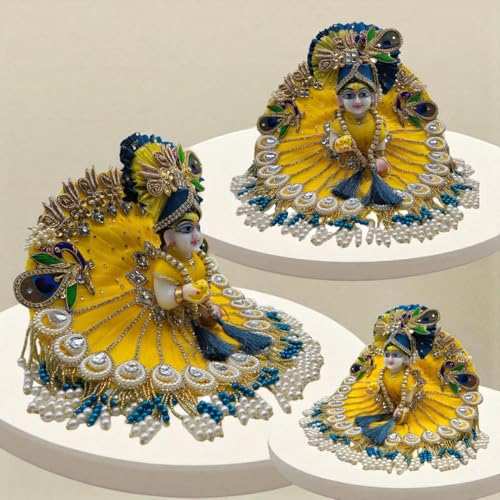 Vrindavanstore.in Janmashtami Special Yellow & Blue Laddu Gopal Dress | Designer Peacock Theme Poshak with Pearl & Stone Work Includes Pagdi, Patka & Choli Gopal Ji Outfit for Raksha Bandhan (Size- 5) - Image 5