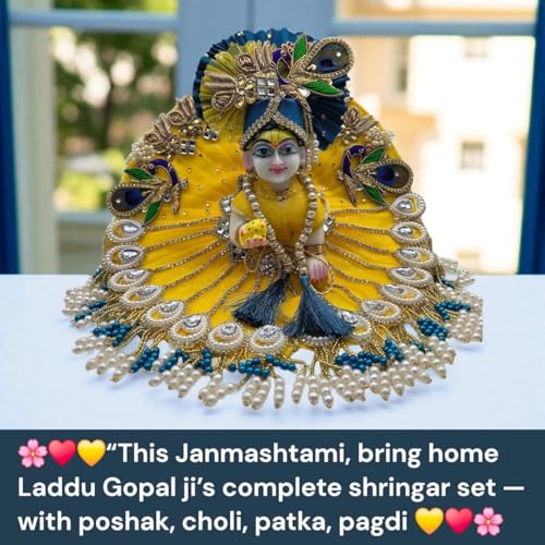 Vrindavanstore.in Janmashtami Special Yellow & Blue Laddu Gopal Dress | Designer Peacock Theme Poshak with Pearl & Stone Work Includes Pagdi, Patka & Choli Gopal Ji Outfit for Raksha Bandhan (Size- 5) - Image 4