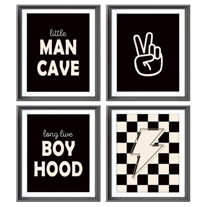 AEHIE Little Man Cave Retro Preppy Checkered Lightning Peace Sign Long Live Boyhood Poster Prints for Boy Teen Room Dorm Decor Preppy Decorations Prints Wall Art Unframed 4pcs 8x10inches Teen Boys Gifts - Image 1