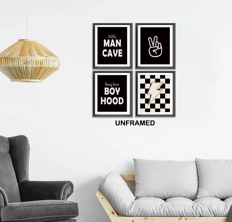 AEHIE Little Man Cave Retro Preppy Checkered Lightning Peace Sign Long Live Boyhood Poster Prints for Boy Teen Room Dorm Decor Preppy Decorations Prints Wall Art Unframed 4pcs 8x10inches Teen Boys Gifts - Image 2