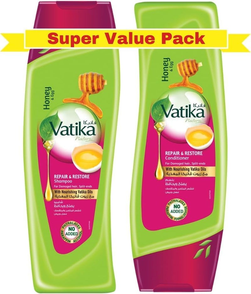 VATIKA شامبو وبلسم فاتيكا ناتشورالز لإصلاح واستعادة الشعر | غني بالعسل والبيض | حزمة قيمة ممتازة - 400 مل × 2 - Image 1