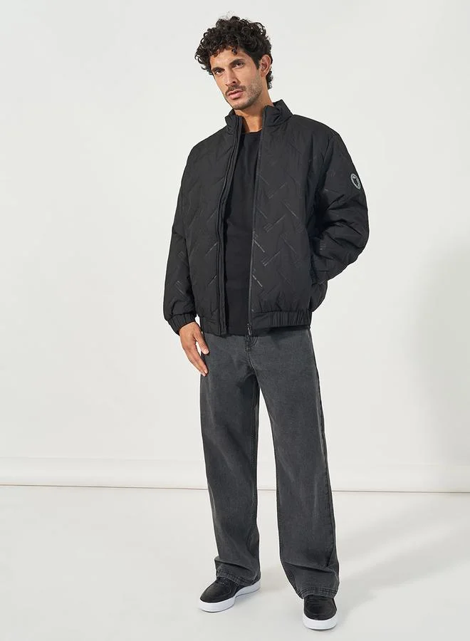 Styli Chevron Quilted Puffer Jacket with Faux Fur Lining & Badge Detail