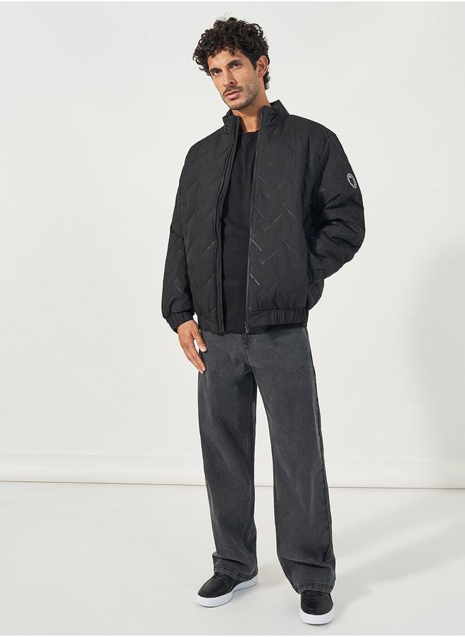 Styli - Chevron Quilted Puffer Jacket with Faux Fur Lining & Badge Detail - Image 1