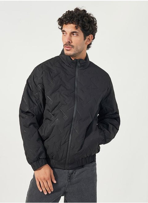 Chevron Quilted Puffer Jacket with Faux Fur Lining & Badge Detail
