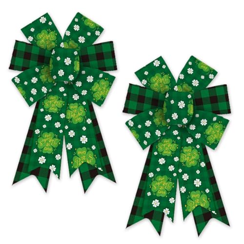 Heureppy 2 Pack Irish St. Patrick's Day Burlap Linen Wreath Bows, Green Plaid Clover Shamrock Decor for Front Door, Tree Topper, Indoor Outdoor Use - Image 1