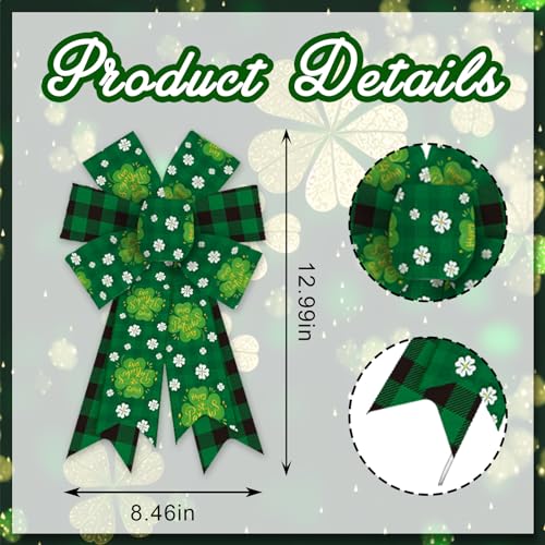 Heureppy 2 Pack Irish St. Patrick's Day Burlap Linen Wreath Bows, Green Plaid Clover Shamrock Decor for Front Door, Tree Topper, Indoor Outdoor Use - Image 2