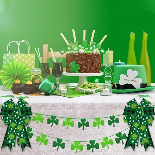 Heureppy 2 Pack Irish St. Patrick's Day Burlap Linen Wreath Bows, Green Plaid Clover Shamrock Decor for Front Door, Tree Topper, Indoor Outdoor Use - Image 4