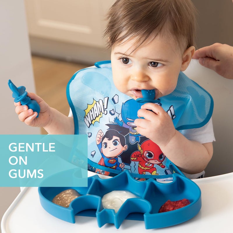 Bumkins Baby Utensils Set, Chewtensils Silicone Spoons for Dipping, Self-Feeding, Baby Led Weaning, Trainer Learning, First Stage Eating, Soft Practice Fork and Spoon, 6 Months, Batman Blue - Image 3