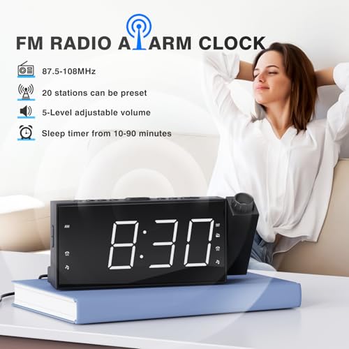 Mesqool Projection Alarm Clock with FM Radio,Large Number Display & Dimmer,USB Charger,Sleep Timer,Battery Backup,Dual Alarms,Clock Radio for Bedroom Heavy Sleepers - Image 2