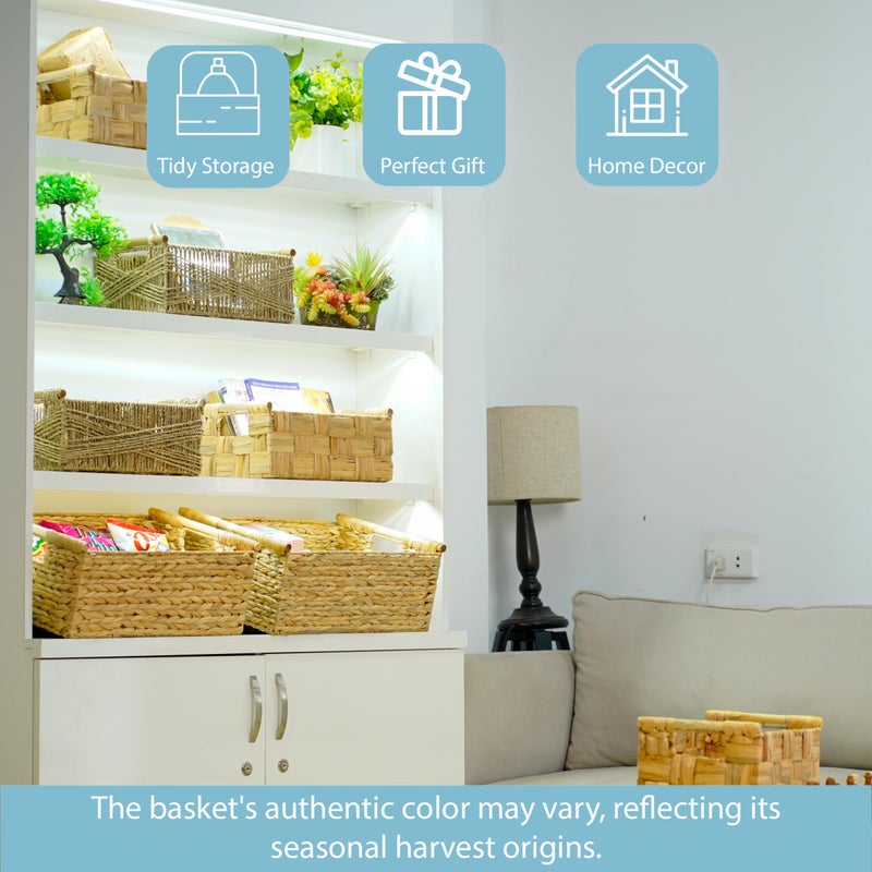 VATIMA Extra Large Wicker Basket Rectangular with Wooden Handles for Shelves, Water Hyacinth Basket Storage, Natural Baskets for Organizing, Wicker Baskets for Storage 16.7"x12.4"x7" - Image 5