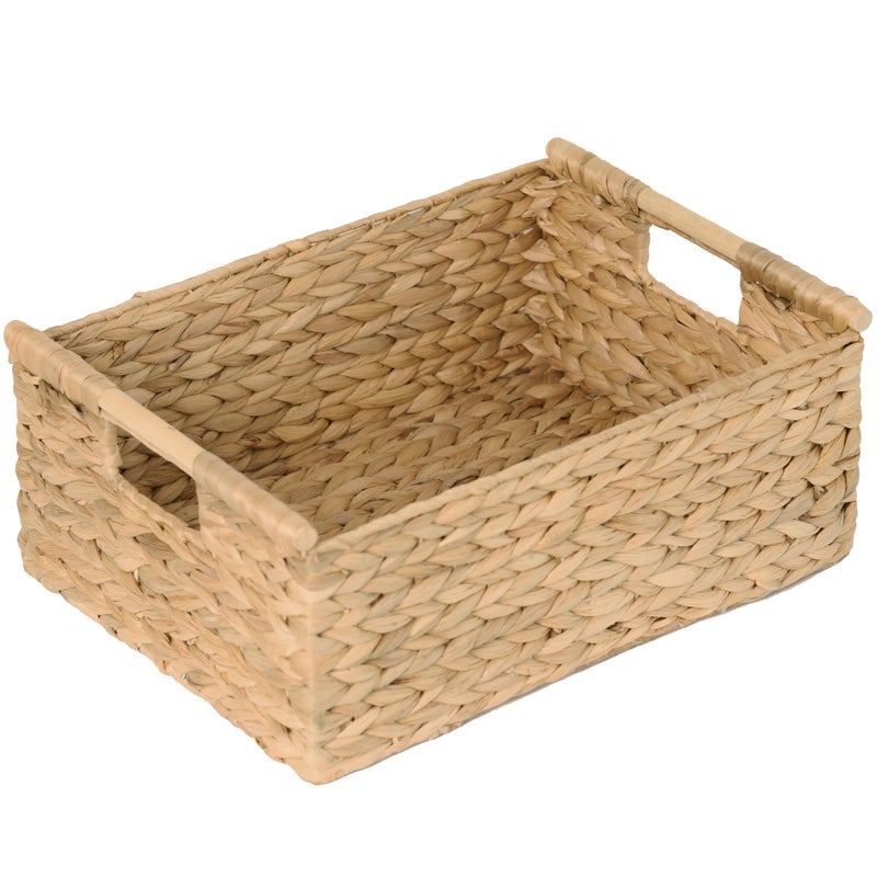 VATIMA Extra Large Wicker Basket Rectangular with Wooden Handles for Shelves, Water Hyacinth Basket Storage, Natural Baskets for Organizing, Wicker Baskets for Storage 16.7"x12.4"x7" - Image 1