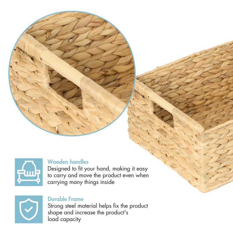 VATIMA Extra Large Wicker Basket Rectangular with Wooden Handles for Shelves, Water Hyacinth Basket Storage, Natural Baskets for Organizing, Wicker Baskets for Storage 16.7"x12.4"x7" - Image 3