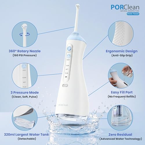 PORClean PRO 200VPro Water Flosser for Teeth – 160 PSI Deep Cleaning, Rechargeable Oral Irrigator for Braces & Gums | 320ml Tank, 6 Tips, USB-C Rechargeable, IPX7 Waterproof | Dental Flosser – 1 Year Warranty - Image 2