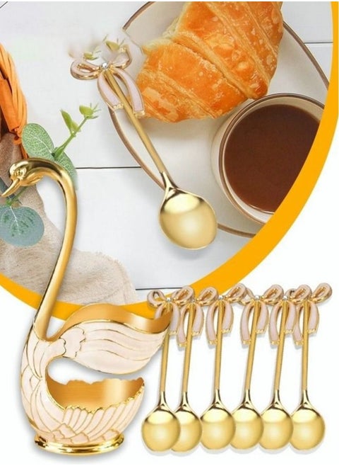 7-Piece Coffee Spoon with Swan Shape Storage Rack Bow Cutlery Set