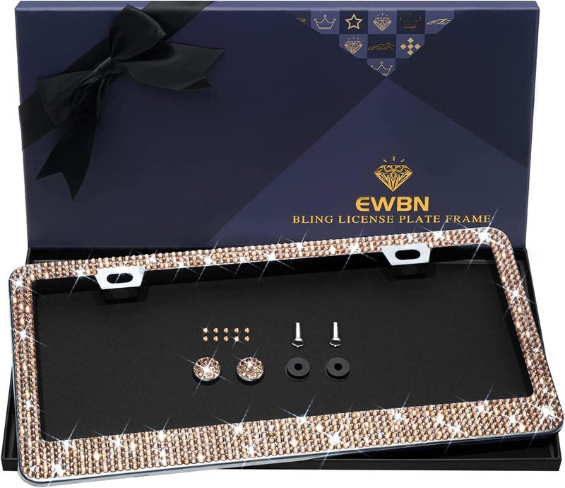 EWBN Bling License Plate Frame for Women, 1PCS Sparkly License Plate Frames| Over 1200 pcs 14 Facets Bedazzled Clear Glass Diamond Rhinestone Crystals w/Free Glitter Diamond Box (Champagne) - Image 1